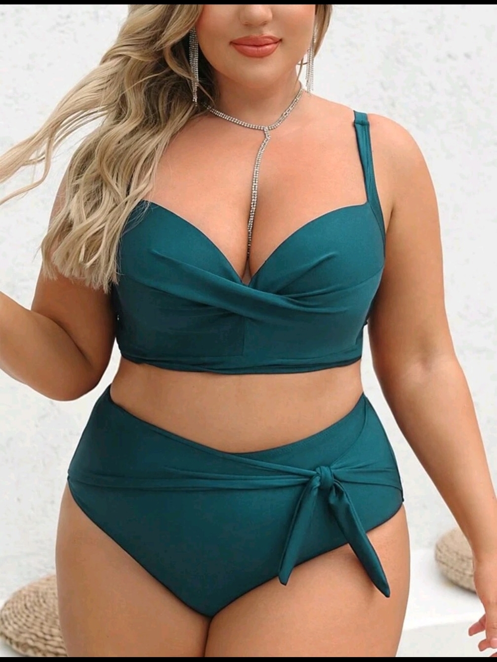 Plus Size Teal Two-Piece Swim Set with Tie Waist